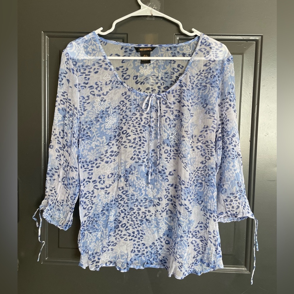 Missoni Women’s Blue Floral 3/4 Sleeve tie  Blouse Y2k 90s Size XL 100% Silk